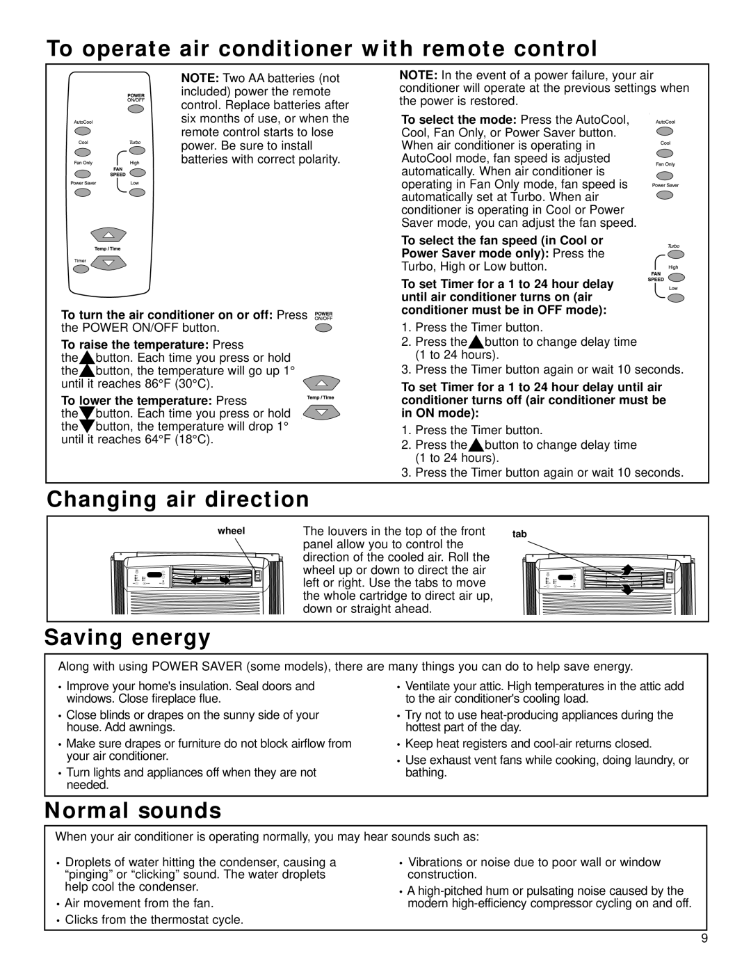 Whirlpool ACQ058MM0 To operate air conditioner with remote control, Changing air direction, Saving energy, Normal sounds 