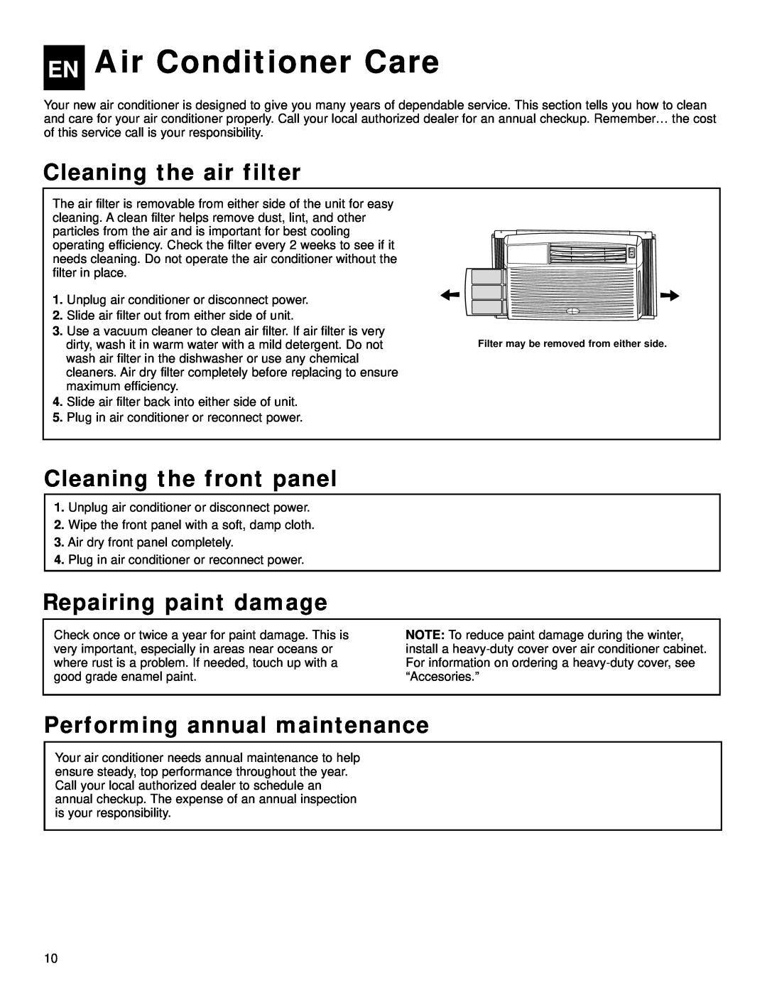 Whirlpool ACQ058MM0 EN Air Conditioner Care, Cleaning the air filter, Cleaning the front panel, Repairing paint damage 