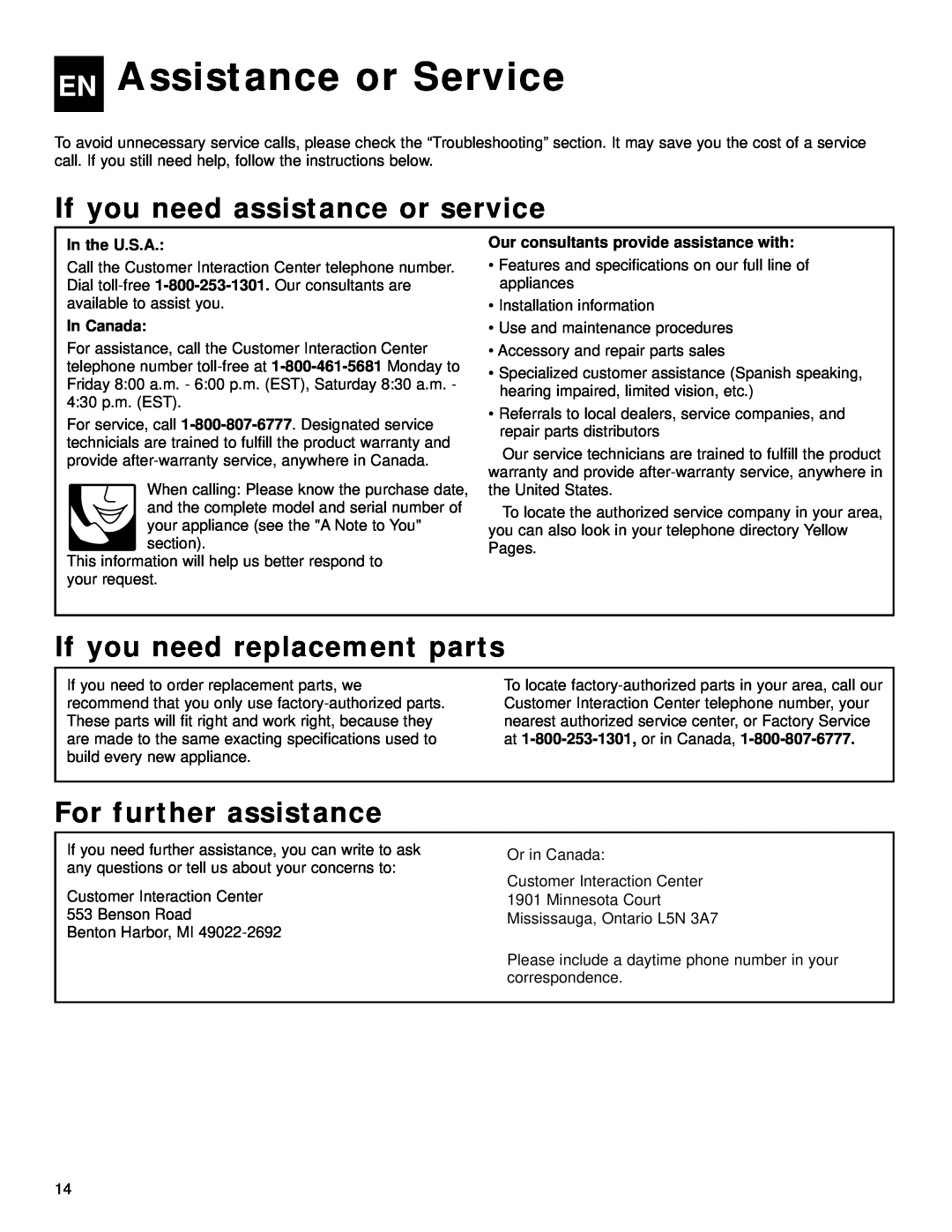 Whirlpool ACQ058MM0 manual EN Assistance or Service, If you need assistance or service, If you need replacement parts 