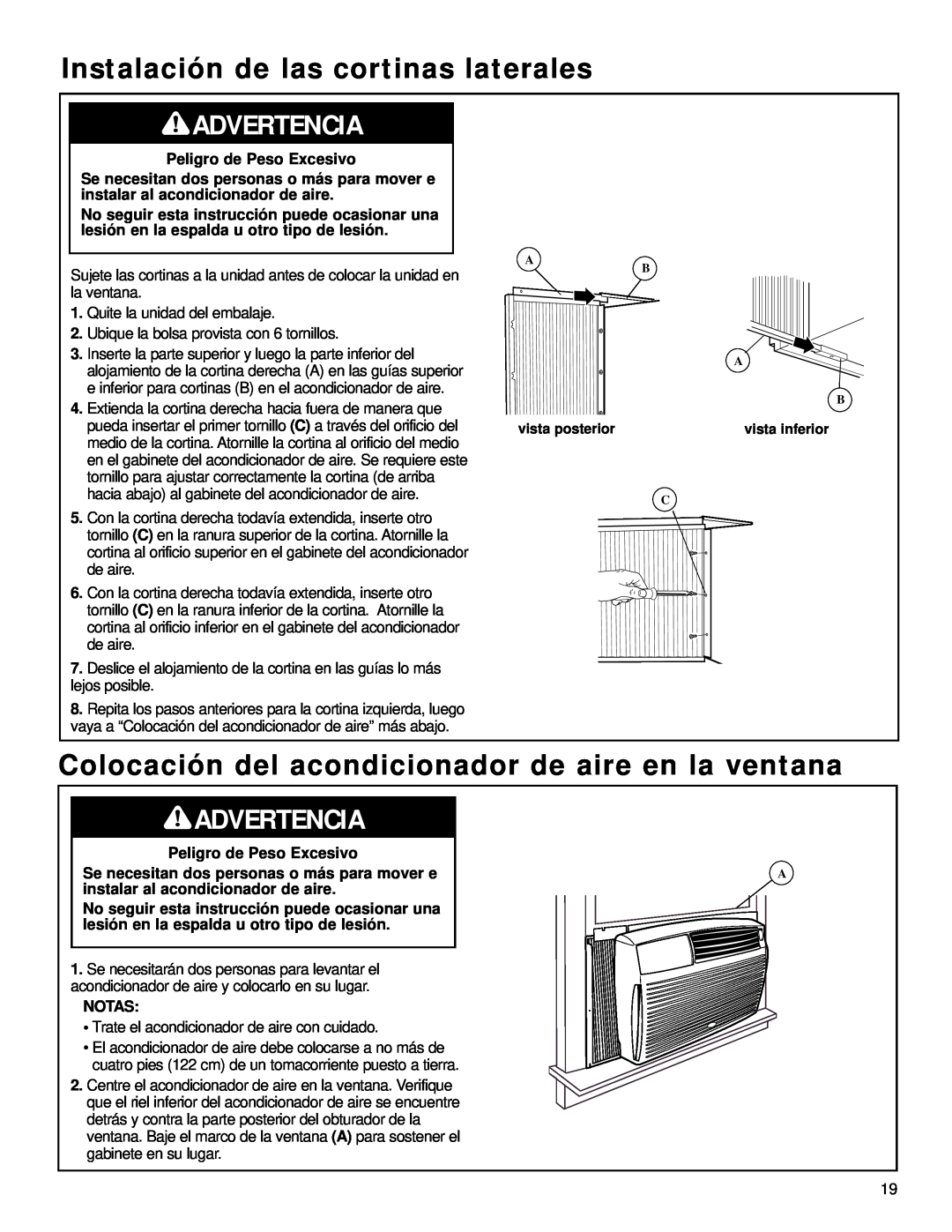 Whirlpool ACQ058MM0 manual Instalación de las cortinas laterales, Advertencia, Peligro de Peso Excesivo, Notas 