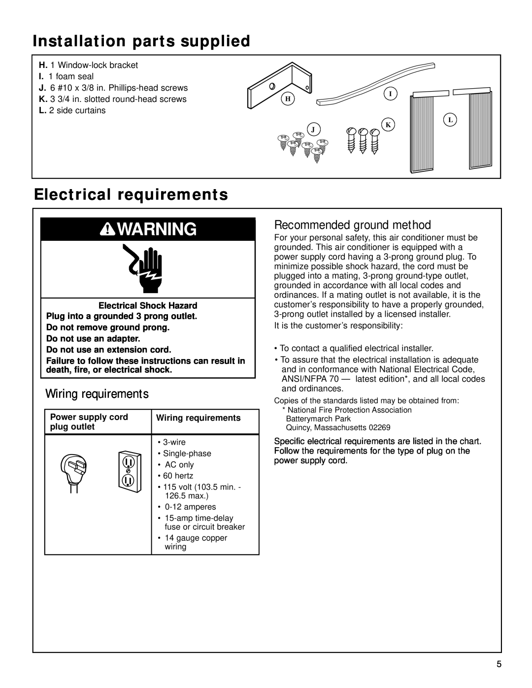 Whirlpool ACQ058MM0 Installation parts supplied, Electrical requirements, Wiring requirements, Recommended ground method 