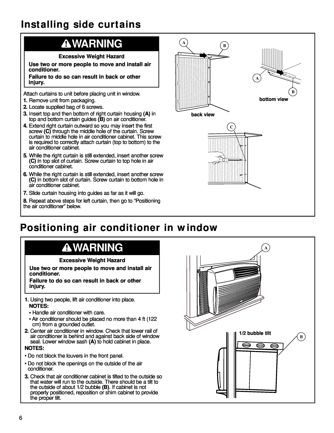 Whirlpool ACQ058MM0 manual Installing side curtains, Positioning air conditioner in window 