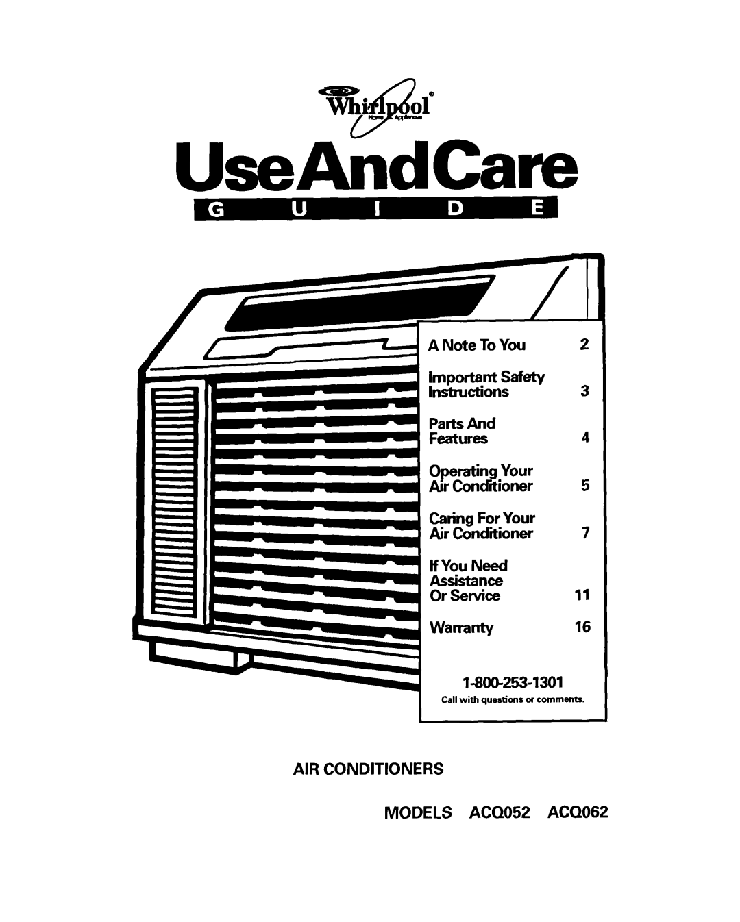 Whirlpool AC0052, ACQ062 warranty UseAhdCare 