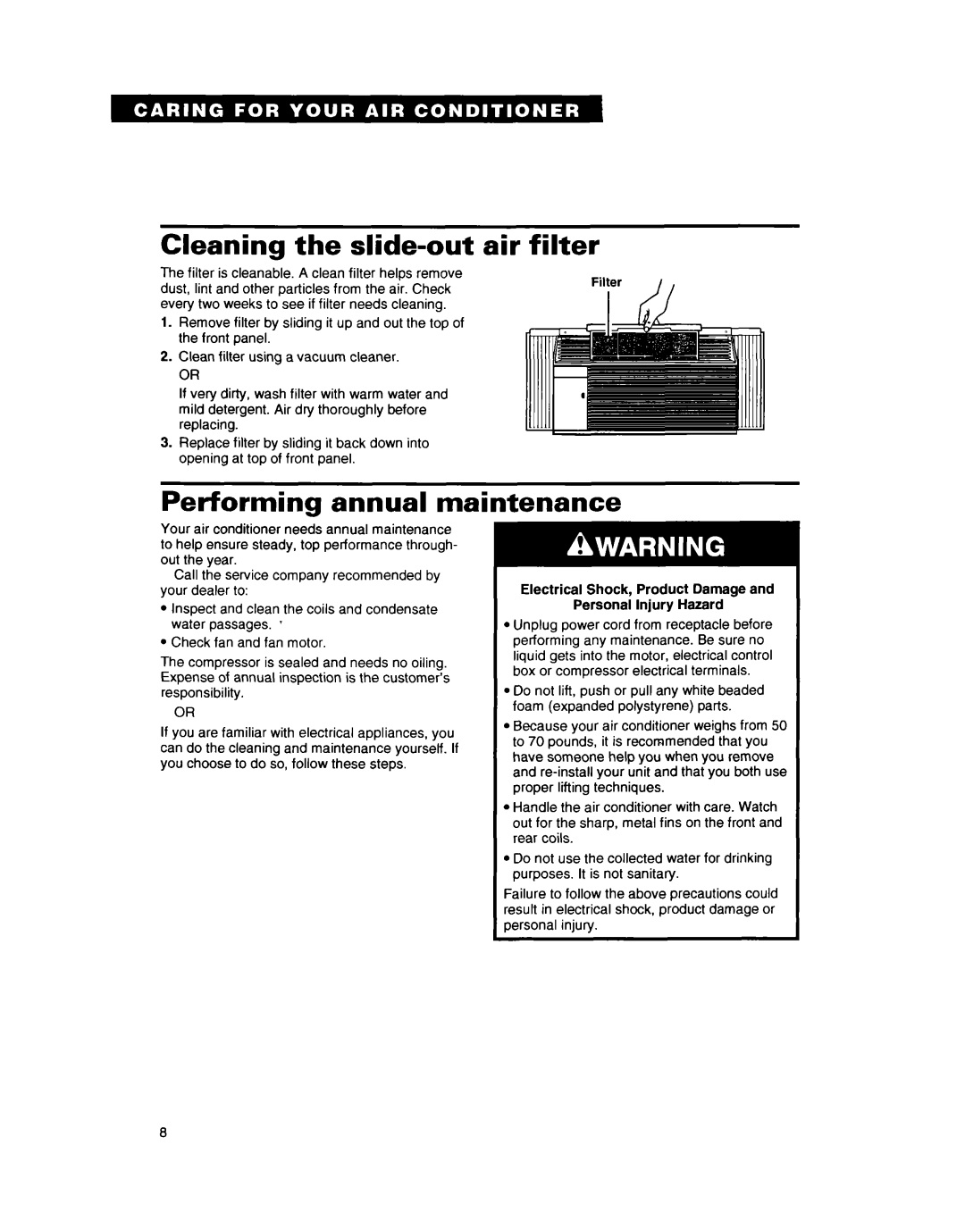 Whirlpool ACQ062, AC0052 warranty Cleaning the slide-out air filter, Performing annual maintenance 