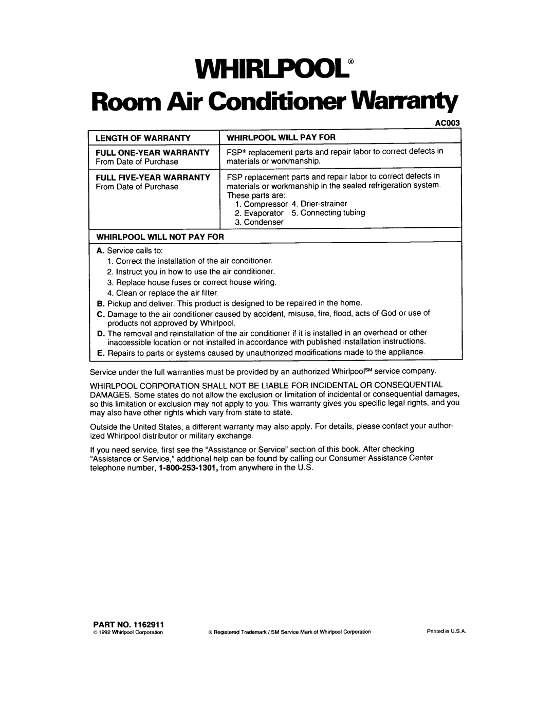 Whirlpool ACQ062, AC0052 warranty Whirlpool@, Wammty, Room, Conditioner 