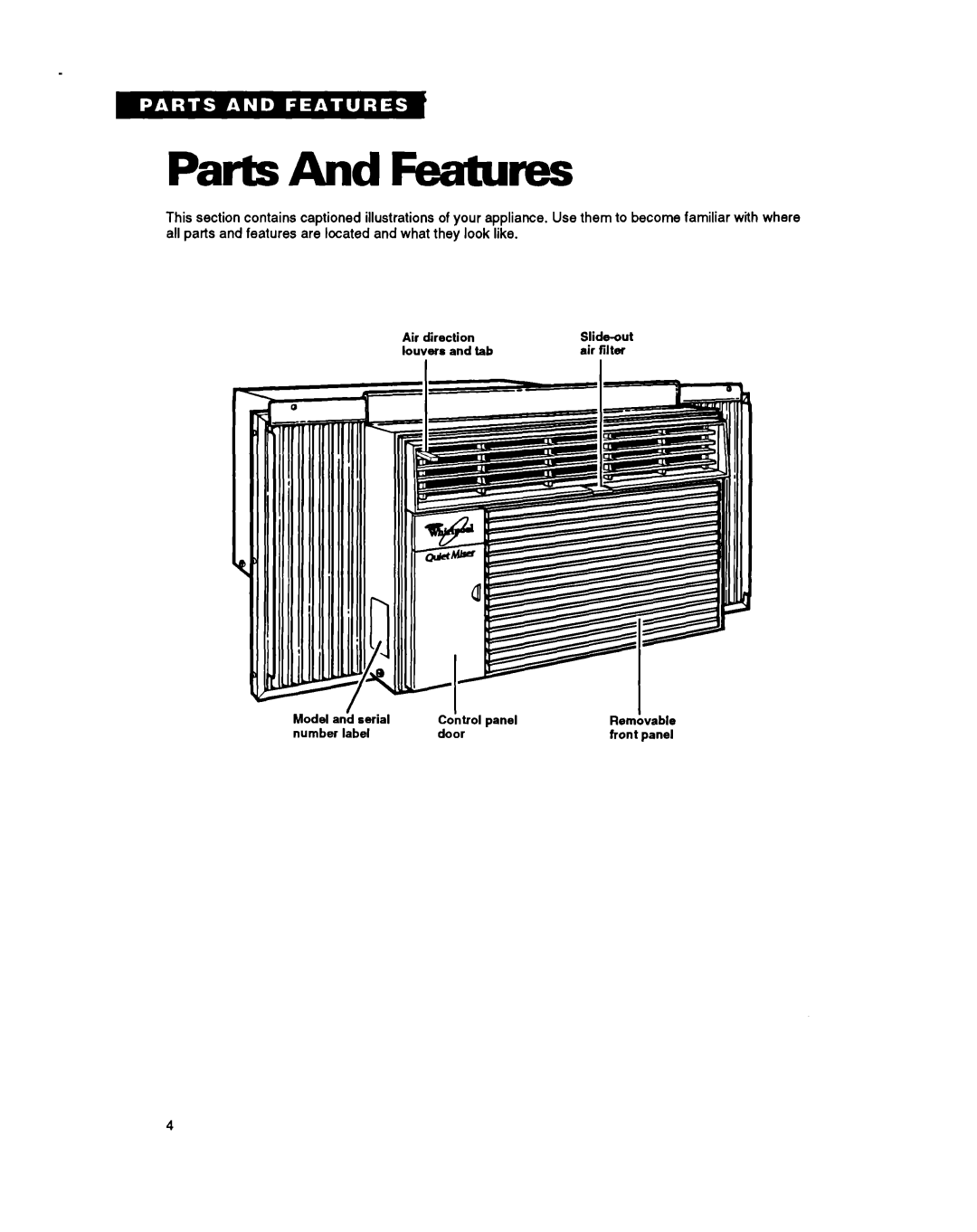 Whirlpool ACQ062, AC0052 warranty PartsAnd Features, number label, air filter, front panel, Slide-out 