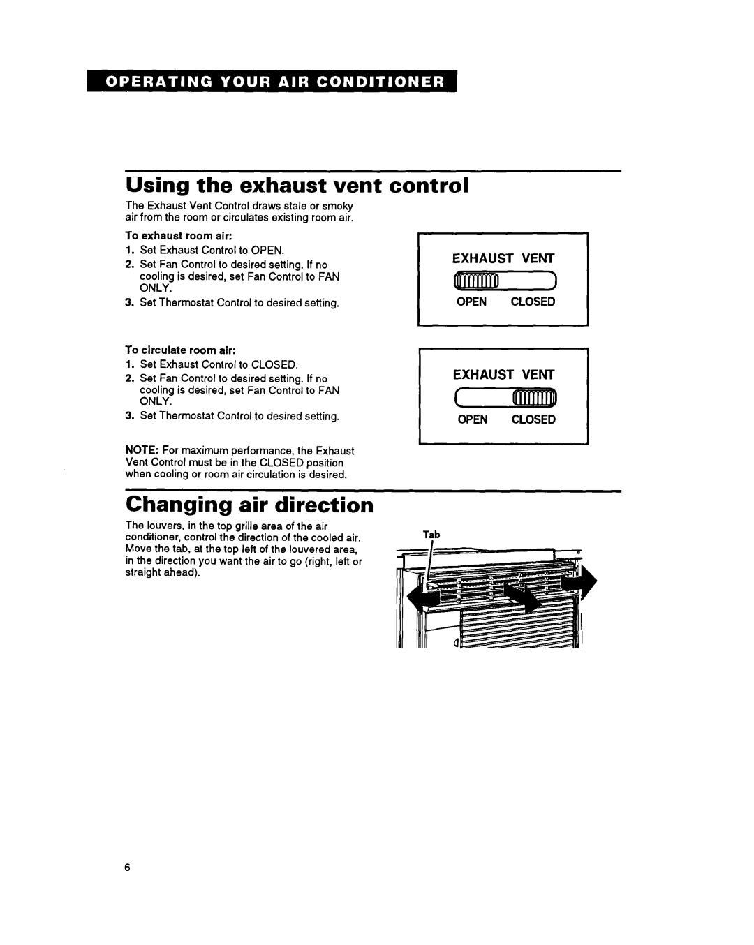 Whirlpool ACQ062, AC0052 warranty Using the exhaust vent control, Changing air direction, Exhaust Vent 