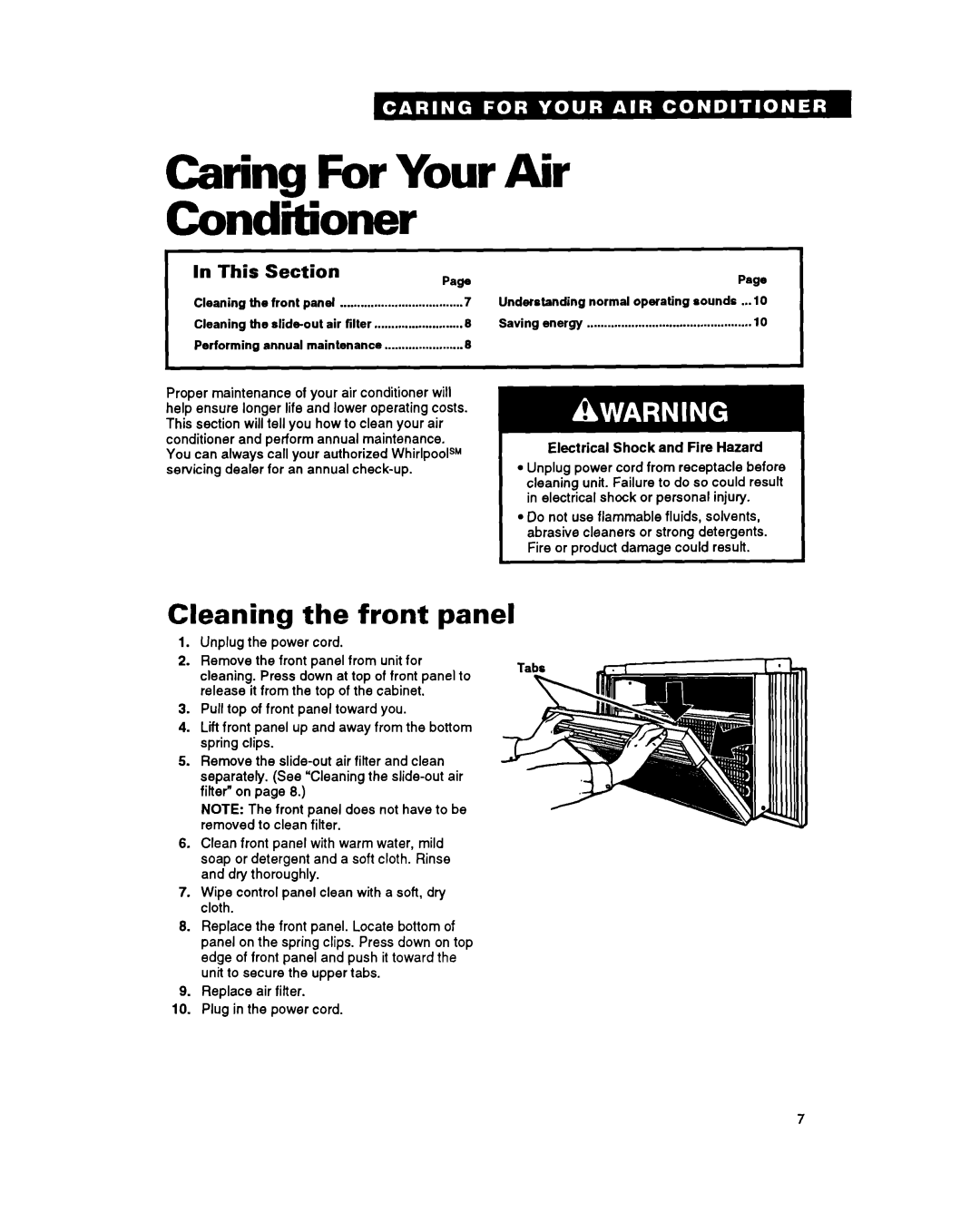 Whirlpool AC0052, ACQ062 warranty Caring For Your Air Conditioner, Cleaning the front panel, I In This Section 
