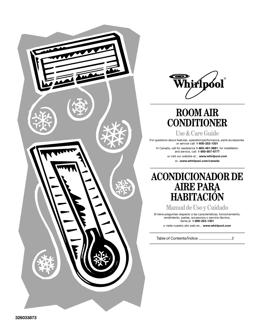 Whirlpool ACQ062MP0 manual Room AIR Conditioner, Aire Para Habitación, Use & Care Guide, Manual de Uso y Cuidado 