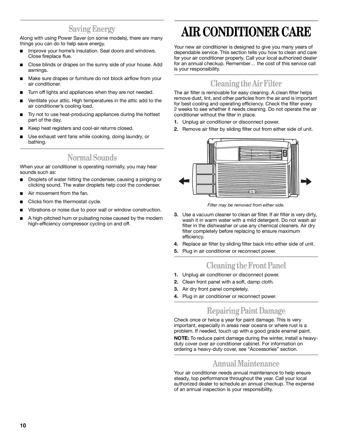 Whirlpool ACQ062MP0 Saving Energy, Normal Sounds, Cleaning the Air Filter, Cleaning the Front Panel, Annual Maintenance 