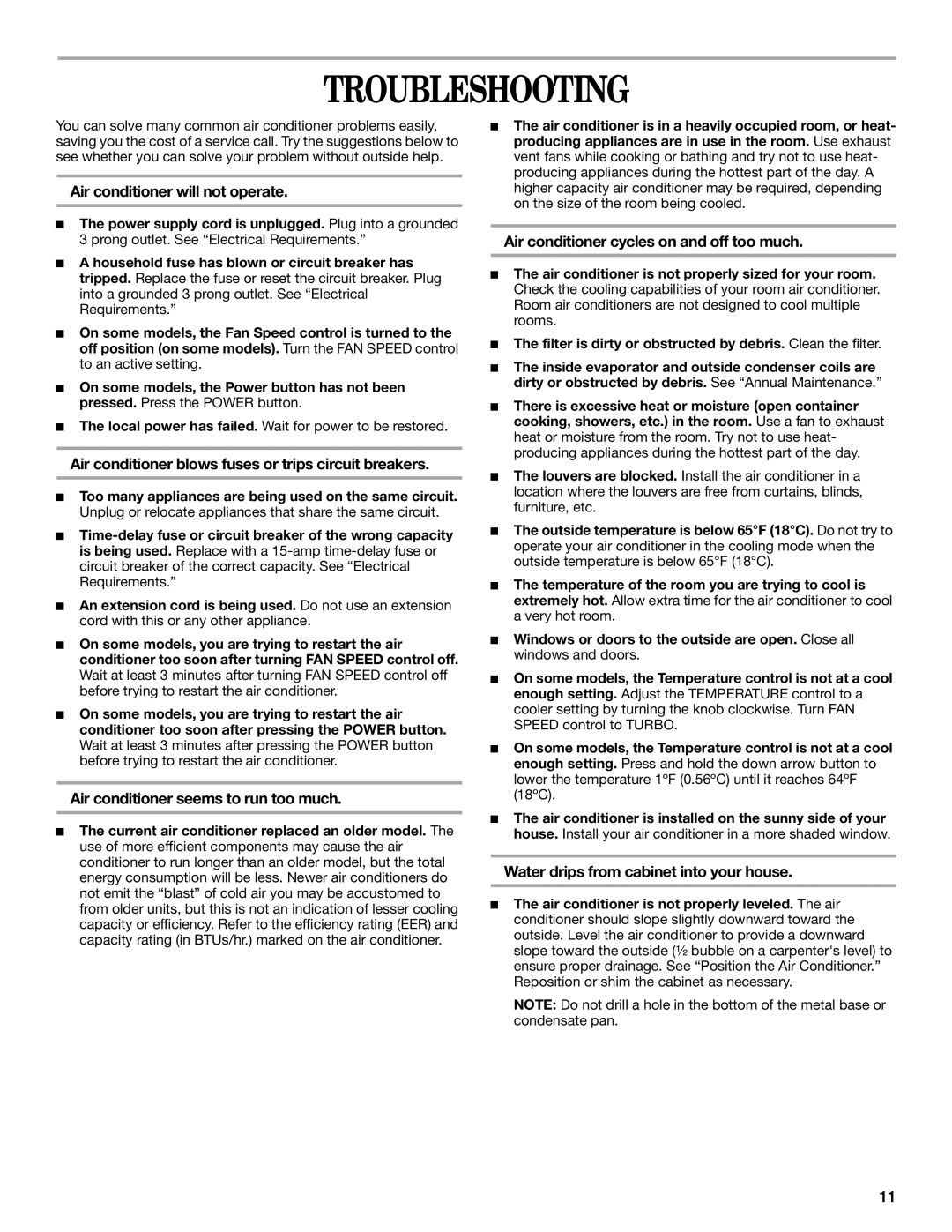 Whirlpool ACQ062MP0 manual Troubleshooting 