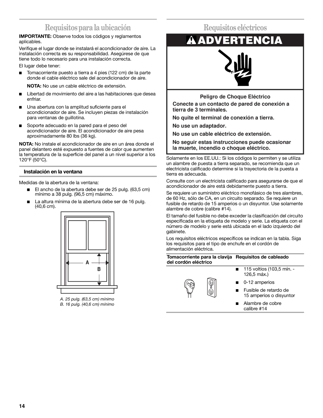 Whirlpool ACQ062MP0 manual Requisitos para la ubicación, Requisitos eléctricos, Instalación en la ventana 