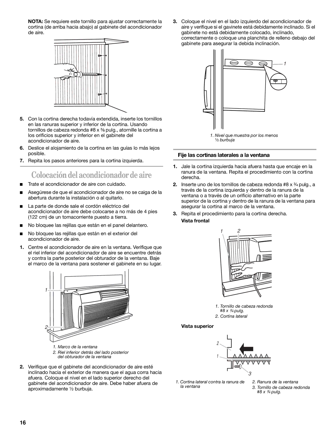 Whirlpool ACQ062MP0 manual Colocación del acondicionador de aire, Fije las cortinas laterales a la ventana, Vista frontal 