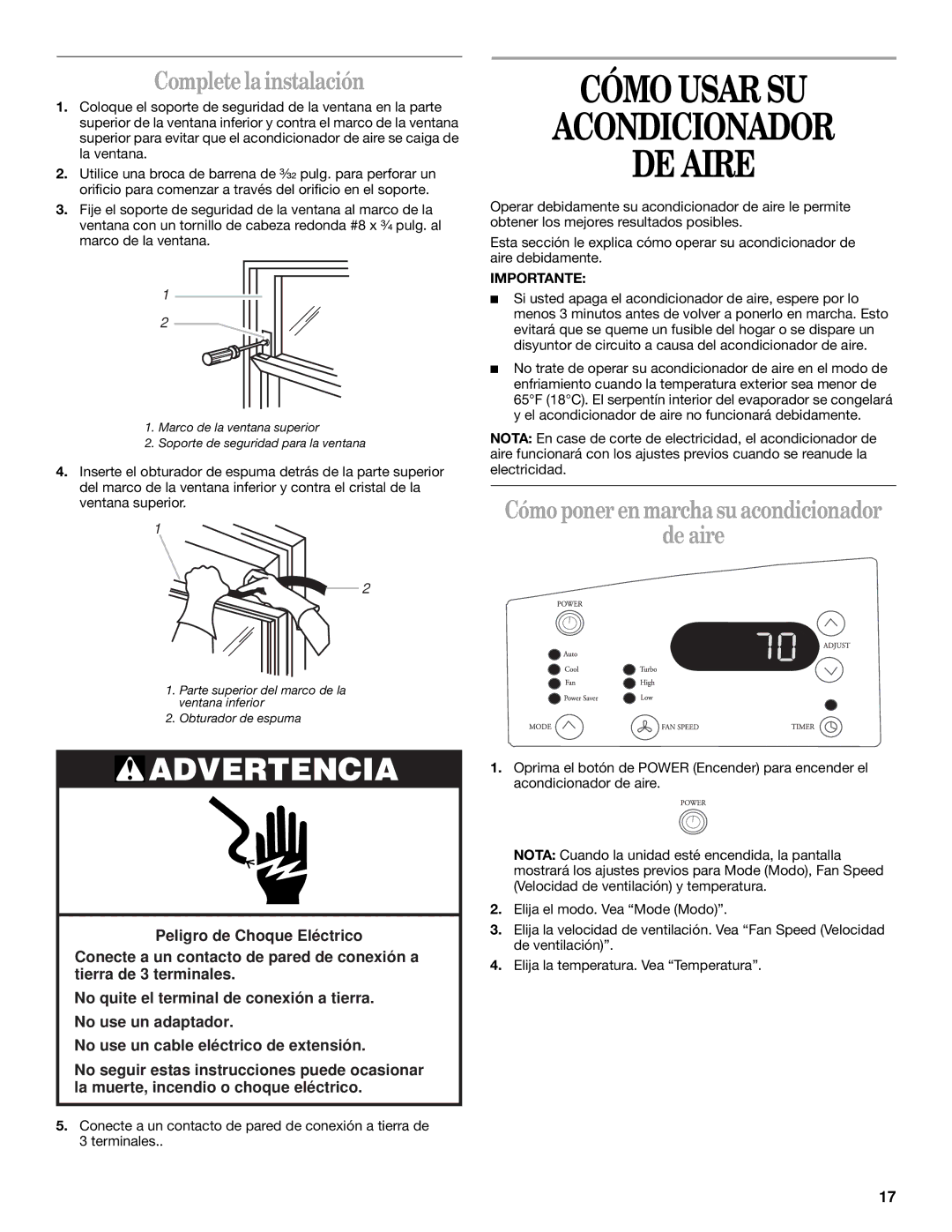 Whirlpool ACQ062MP0 manual Cómo Usar SU Acondicionador DE Aire, Complete la instalación 