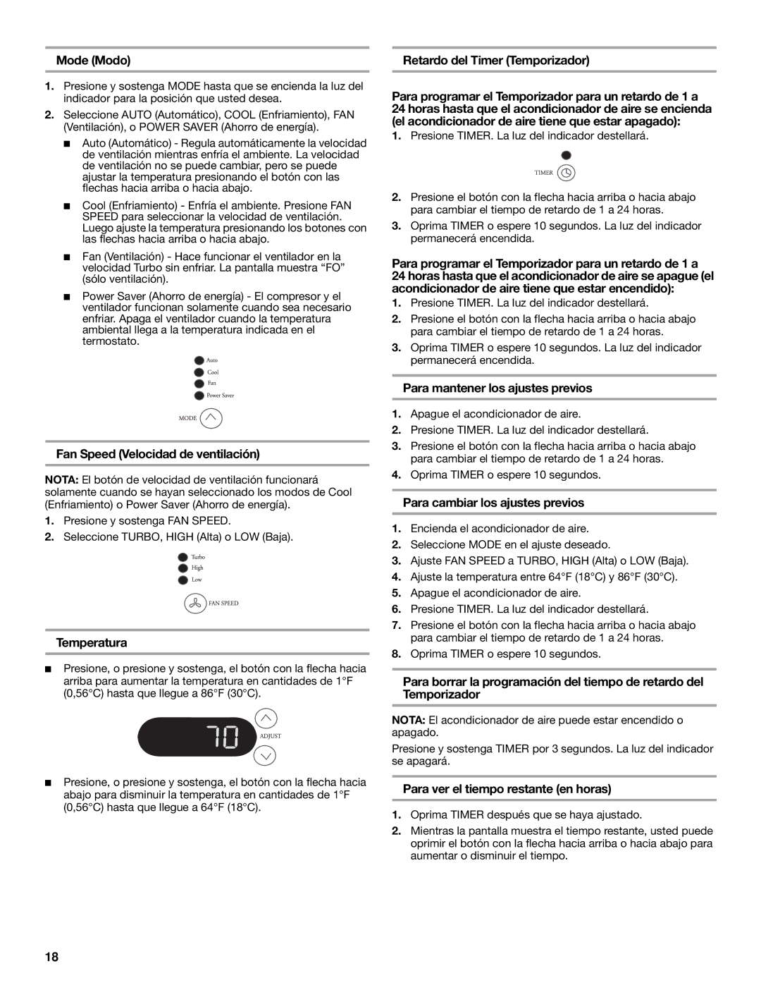 Whirlpool ACQ062MP0 manual Mode Modo, Fan Speed Velocidad de ventilación, Temperatura, Para mantener los ajustes previos 