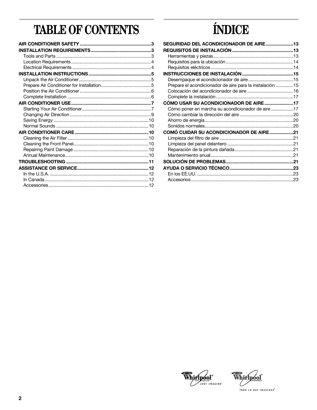 Whirlpool ACQ062MP0 manual Índice, Table of Contents 