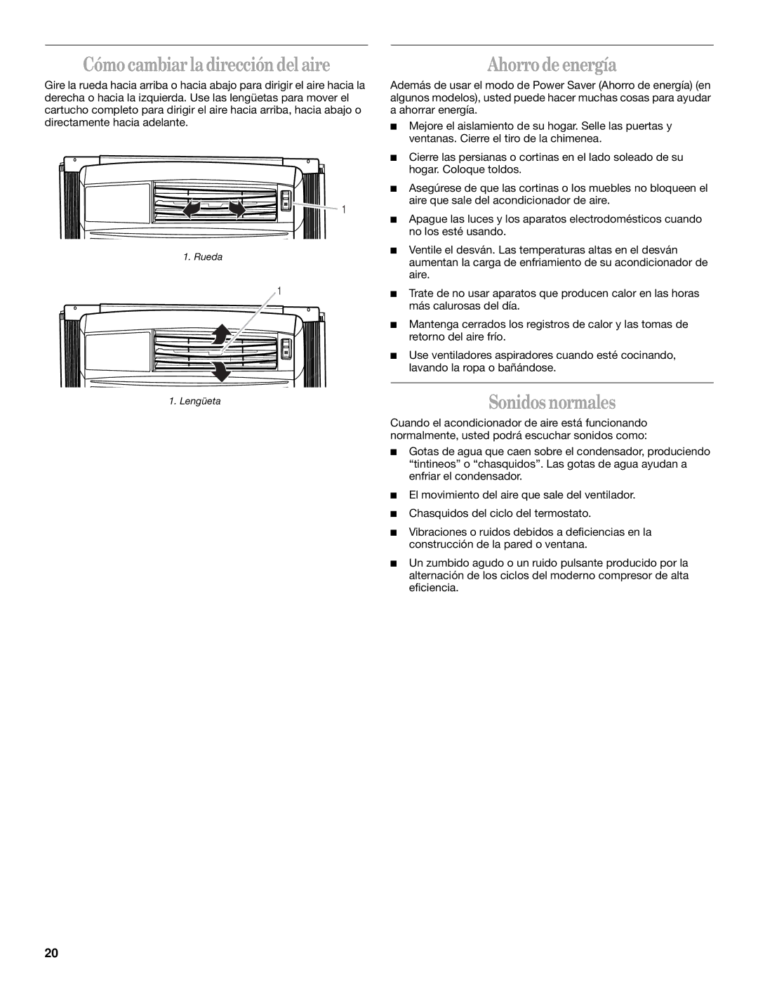 Whirlpool ACQ062MP0 manual Cómo cambiar la dirección del aire, Ahorro de energía, Sonidos normales 