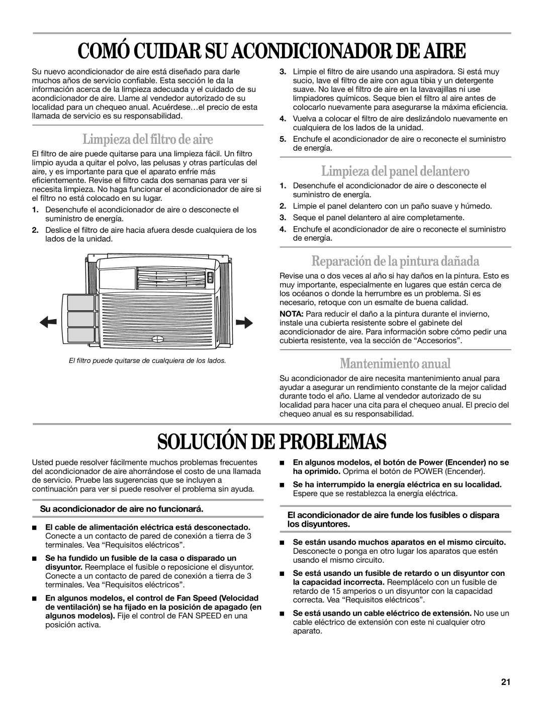 Whirlpool ACQ062MP0 Solución DE Problemas, Limpieza del filtro de aire, Limpieza del panel delantero, Mantenimiento anual 