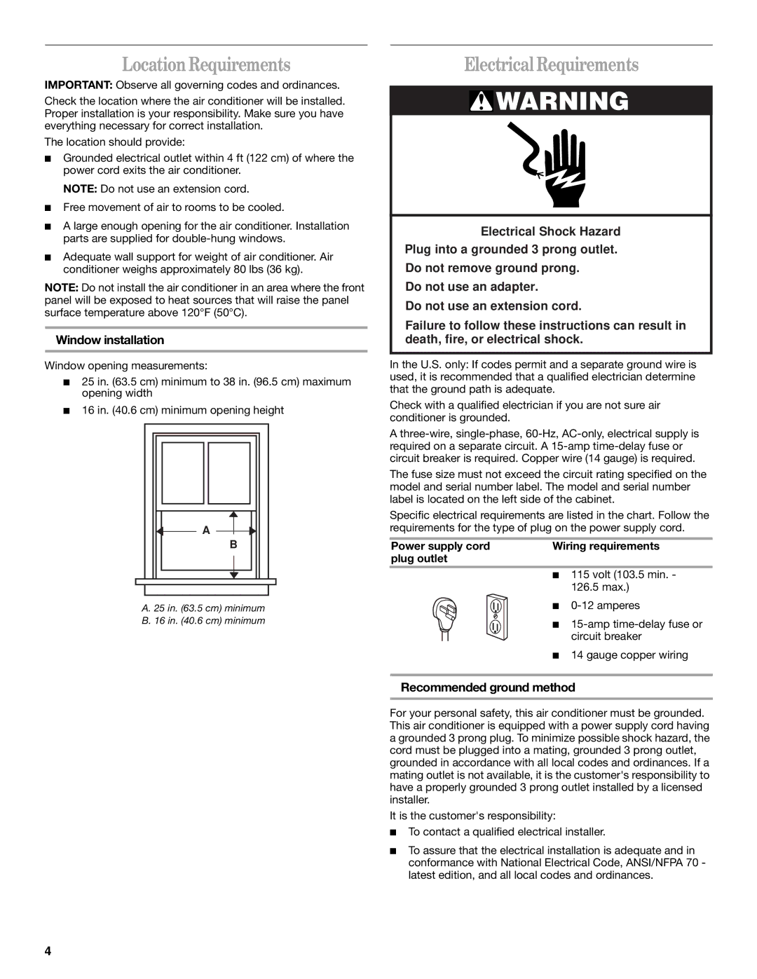 Whirlpool ACQ062MP0 manual Location Requirements, Electrical Requirements, Window installation, Recommended ground method 