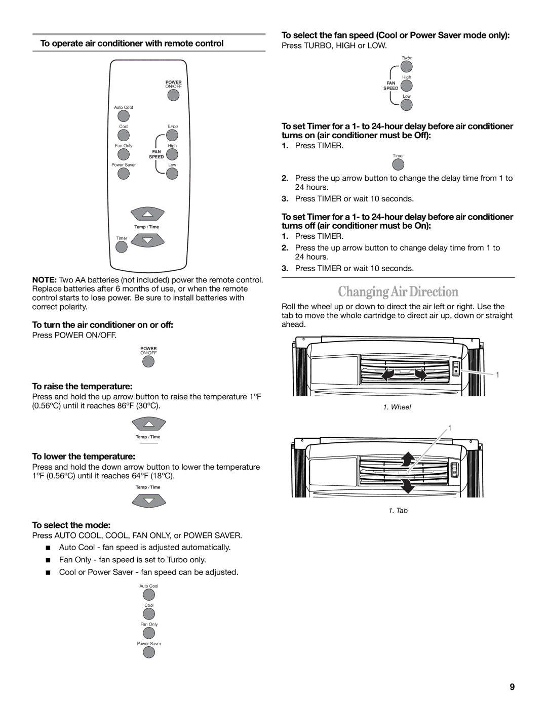 Whirlpool ACQ062MP0 manual Changing Air Direction 