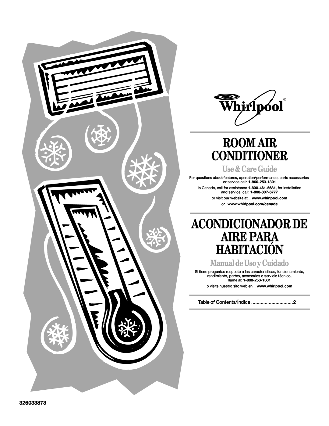Whirlpool ACQ062MP0 manual Room Air Conditioner, Aire Para Habitación, Acondicionador De, Use & Care Guide, 326033873 