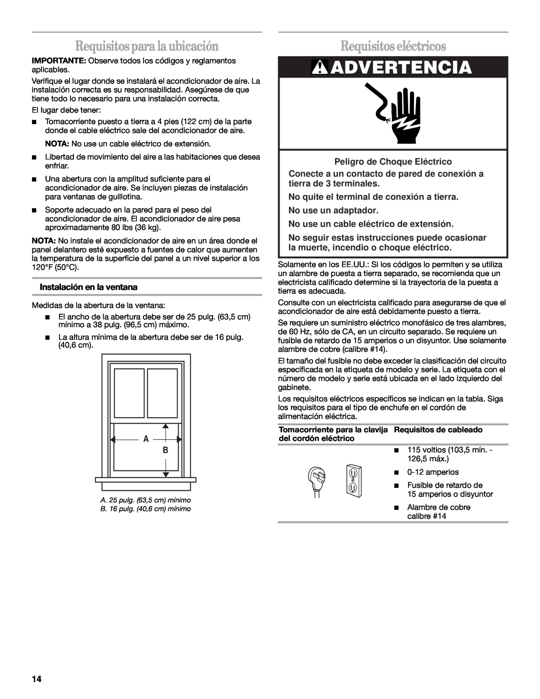 Whirlpool ACQ062MP0 manual Advertencia, Requisitos para la ubicación, Requisitos eléctricos, Instalación en la ventana 