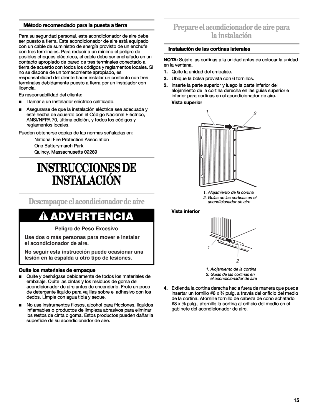 Whirlpool ACQ062MP0 manual Instrucciones De Instalación, Desempaque el acondicionador de aire, la instalación, Advertencia 
