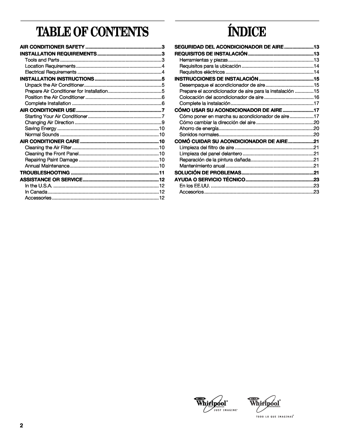 Whirlpool ACQ062MP0 manual Índice, Table Of Contents 