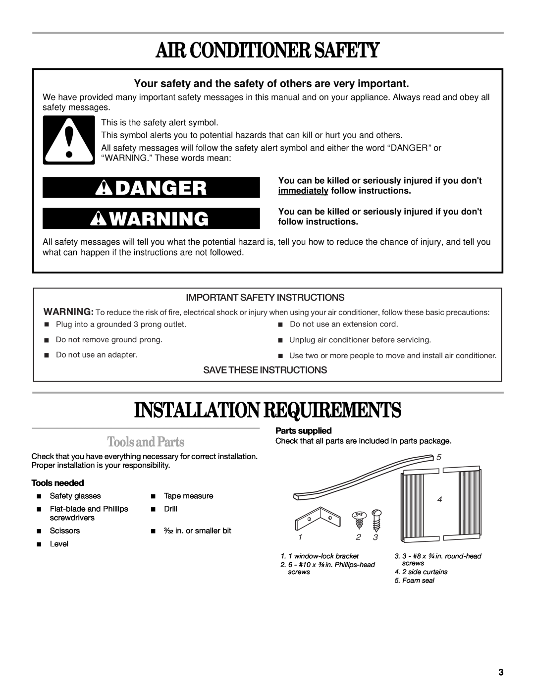 Whirlpool ACQ062MP0 Air Conditioner Safety, Installation Requirements, Tools and Parts, Important Safety Instructions 