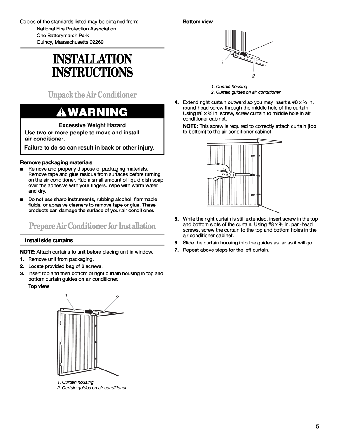 Whirlpool ACQ062MP0 manual Installation Instructions, Unpack the Air Conditioner, Prepare Air Conditioner for Installation 
