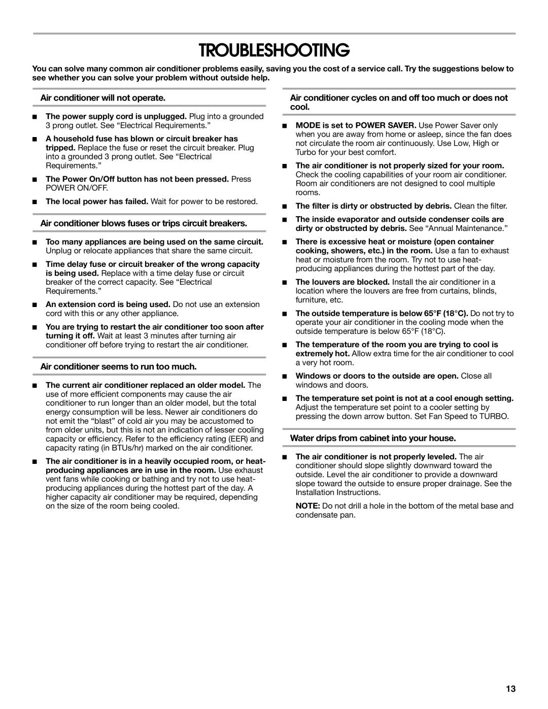 Whirlpool ACQ082XK1 manual Troubleshooting 