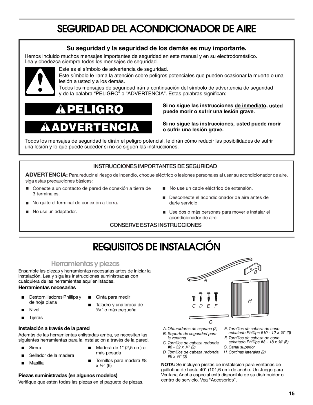 Whirlpool ACQ082XK1 manual Seguridad DEL Acondicionador DE Aire, Requisitos DE Instalación, Herramientas y piezas 