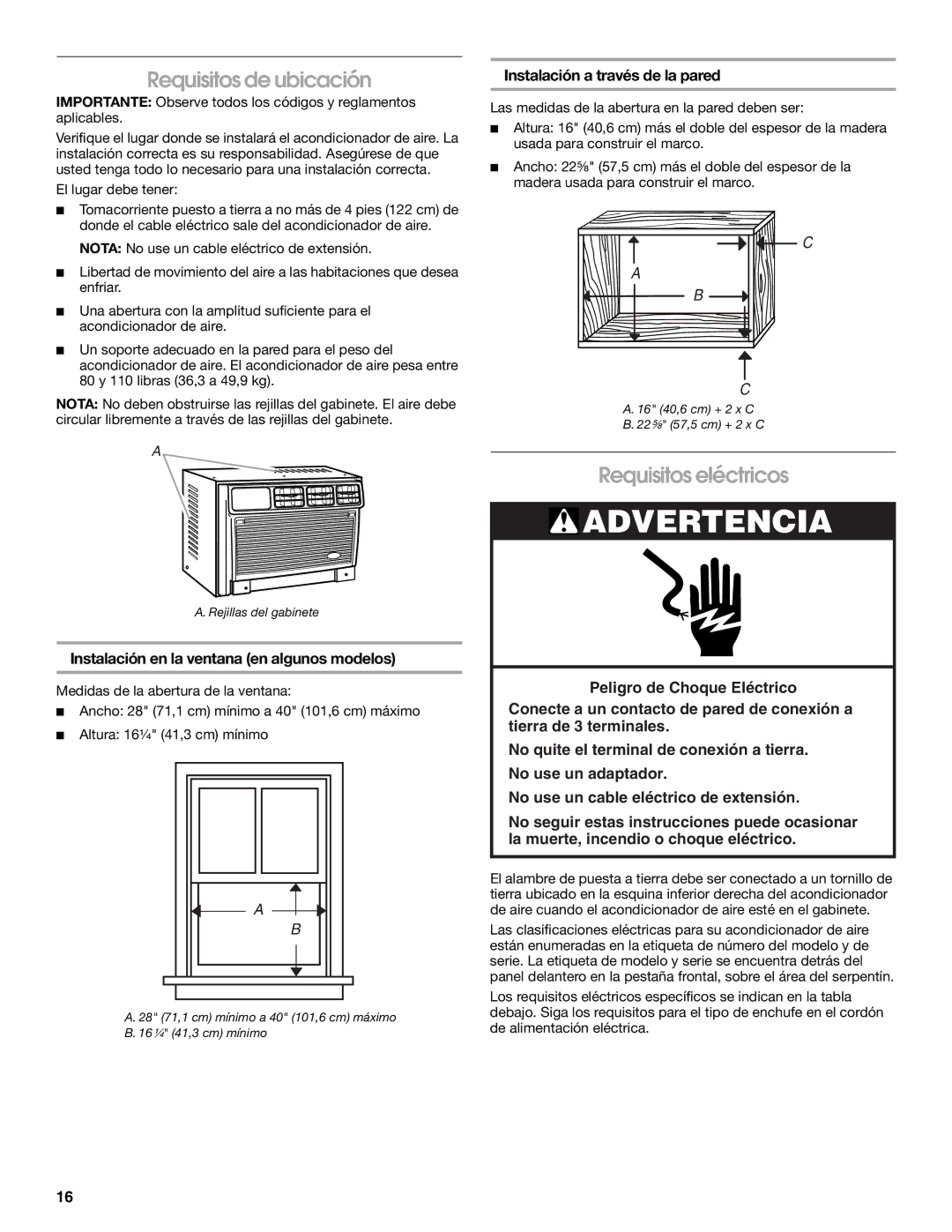 Whirlpool ACQ082XK1 manual Requisitos de ubicación, Requisitos eléctricos, Instalación en la ventana en algunos modelos 