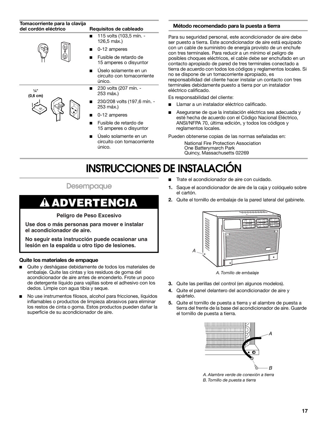 Whirlpool ACQ082XK1 manual Instrucciones DE Instalación, Desempaque, Método recomendado para la puesta a tierra 