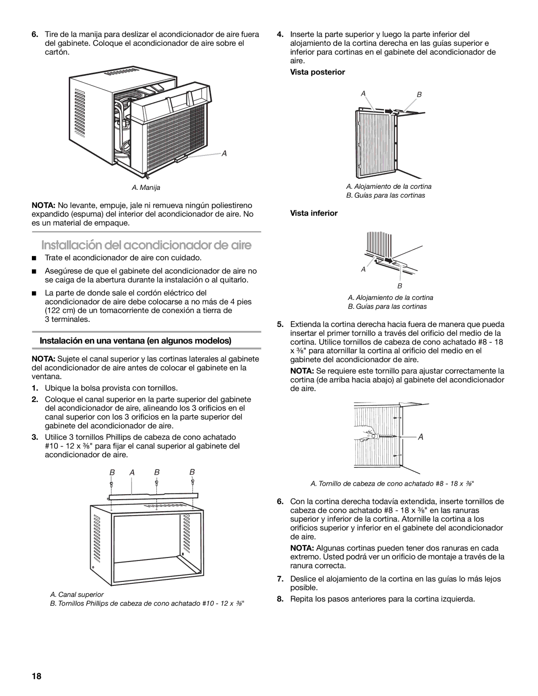 Whirlpool ACQ082XK1 Installación del acondicionador de aire, Instalación en una ventana en algunos modelos, Vista inferior 