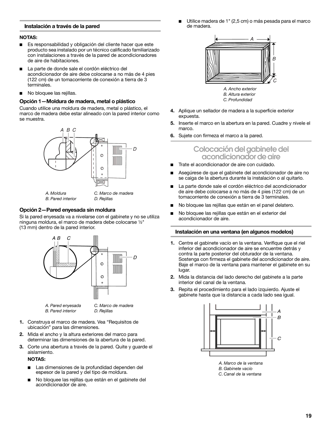 Whirlpool ACQ082XK1 manual Colocación del gabinete del Acondicionador de aire, Opción 1-Moldura de madera, metal o plástico 