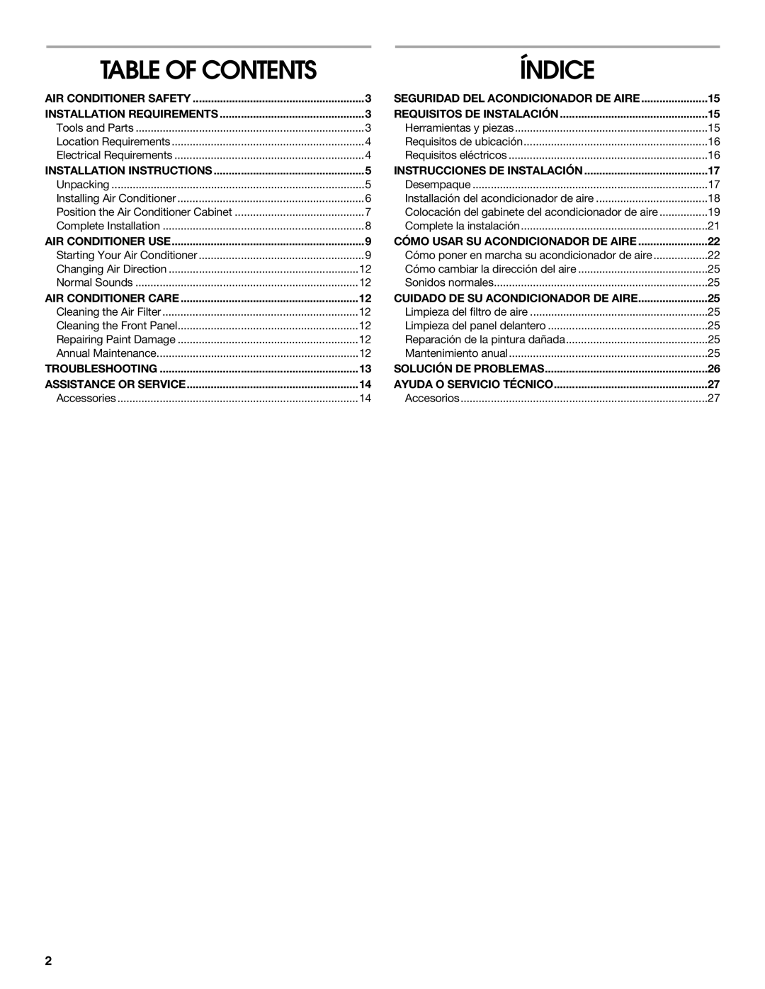 Whirlpool ACQ082XK1 manual Table of Contents 