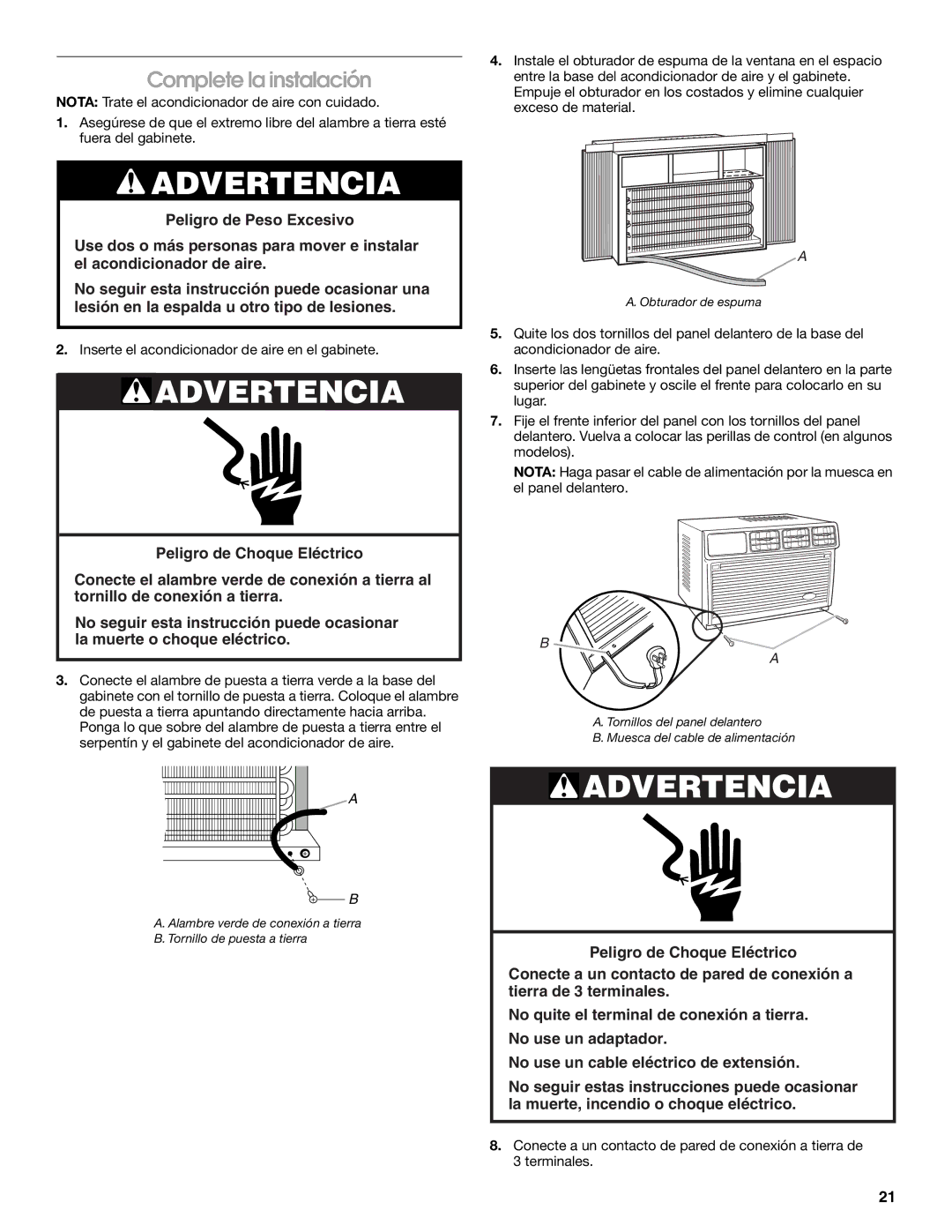 Whirlpool ACQ082XK1 manual Complete la instalación 