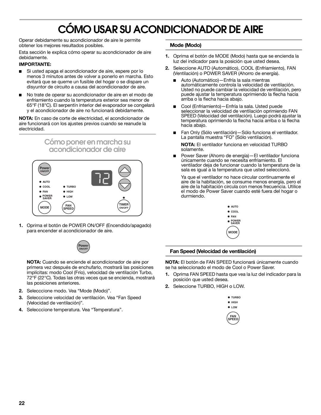 Whirlpool ACQ082XK1 manual Cómo Usar SU Acondicionador DE Aire, Cómo poner en marcha su Acondicionador de aire, Mode Modo 