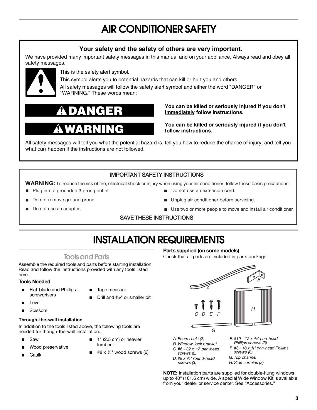 Whirlpool ACQ082XK1 AIR Conditioner Safety, Installation Requirements, Tools and Parts, Parts supplied on some models 