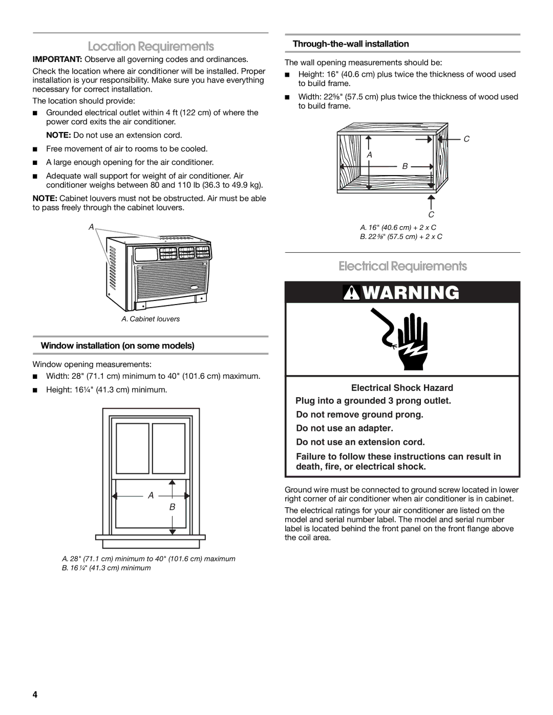 Whirlpool ACQ082XK1 manual Location Requirements, Electrical Requirements, Window installation on some models 