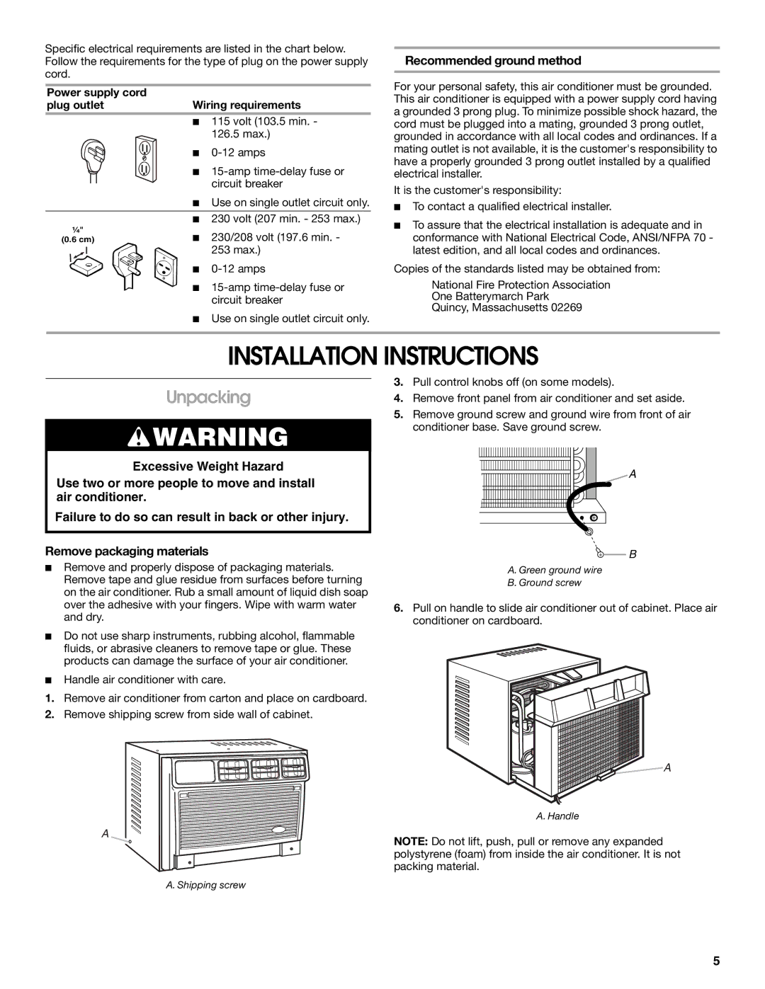 Whirlpool ACQ082XK1 manual Installation Instructions, Unpacking, Recommended ground method 