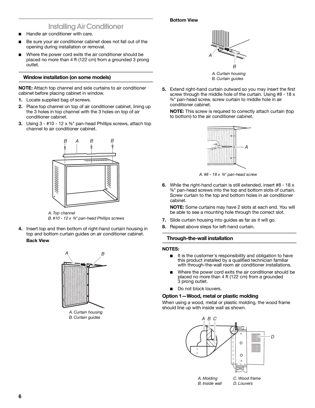 Whirlpool ACQ082XK1 manual Installing Air Conditioner, Option 1-Wood, metal or plastic molding, Back View, Bottom View 