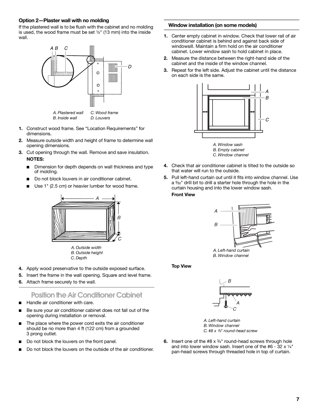 Whirlpool ACQ082XK1 Position the Air Conditioner Cabinet, Option 2-Plaster wall with no molding, Front View, Top View 