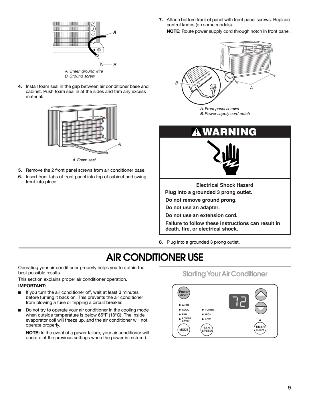 Whirlpool ACQ082XK1 manual AIR Conditioner USE, Starting Your Air Conditioner 