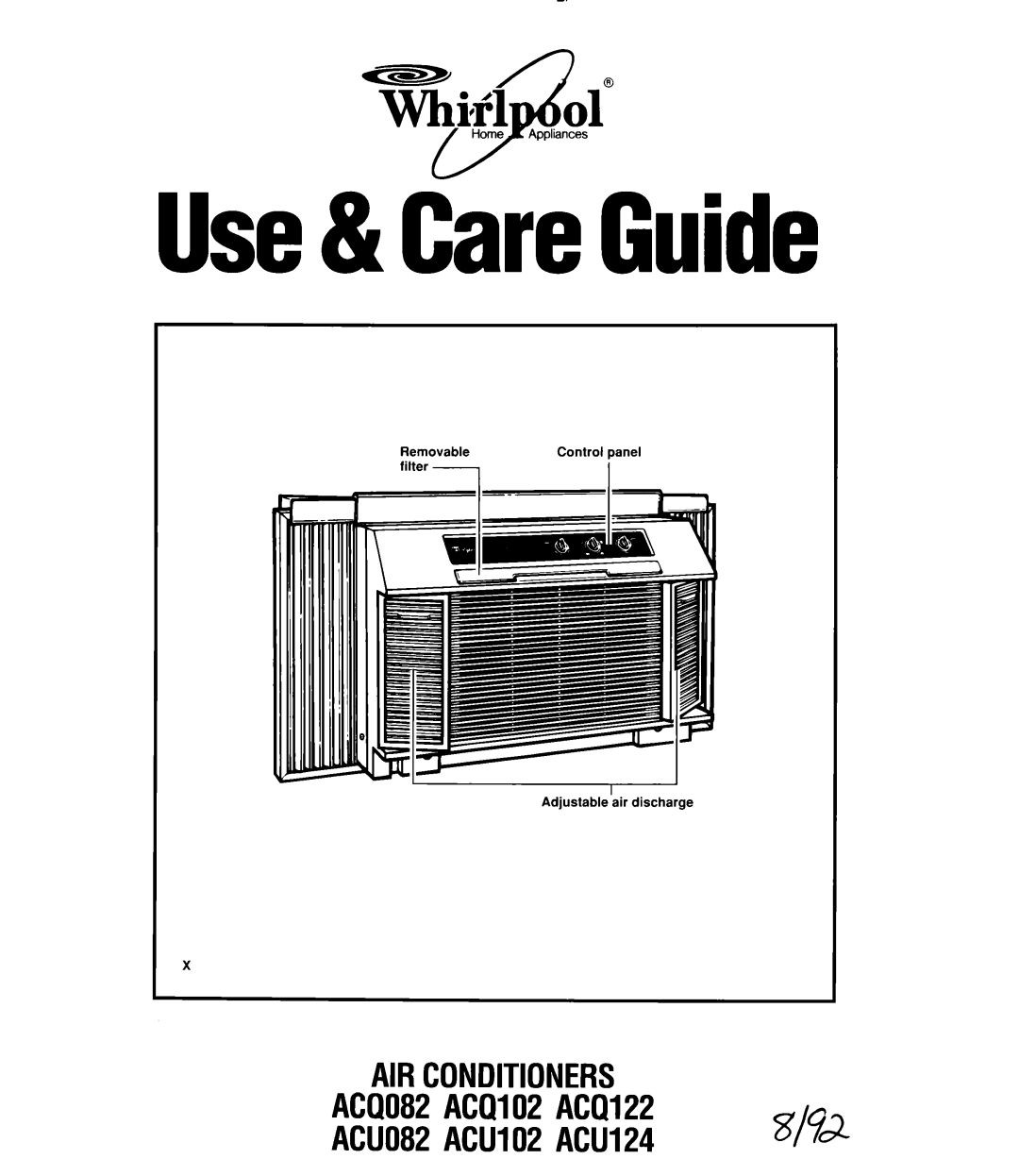 Whirlpool ACQ122, ACQ102, ACQ082, ACU124, ACU102, ACU082 manual Use& CareGuide 