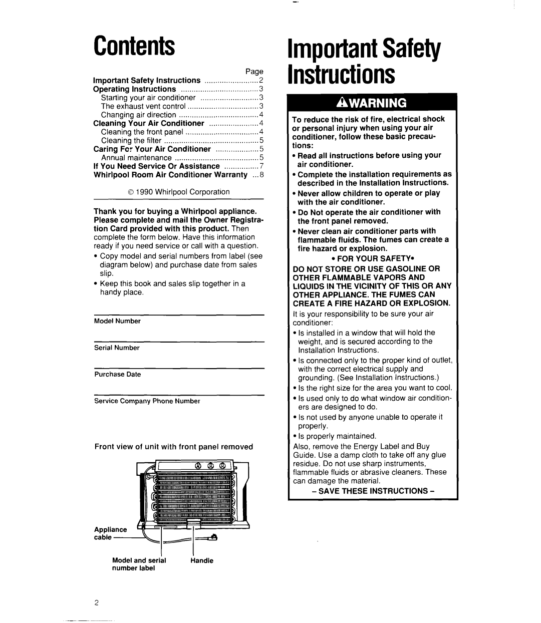 Whirlpool ACQ082, ACQ102, ACQ122, ACU124, ACU102, ACU082 manual Contents 