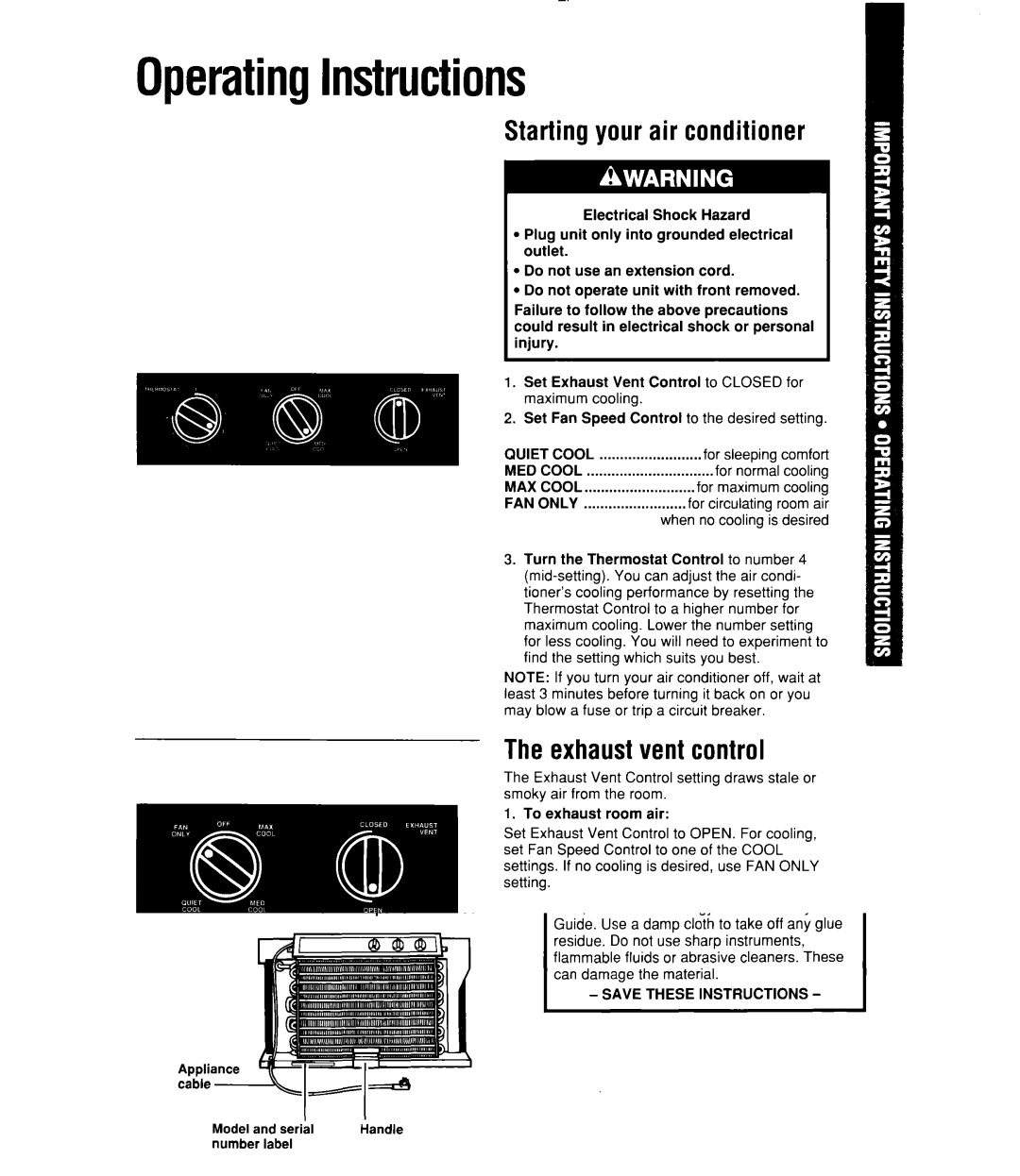 Whirlpool ACU124, ACQ102, ACQ122, ACQ082, ACU102 OperatingInstructions, Starting your air conditioner, Exhaust vent control 