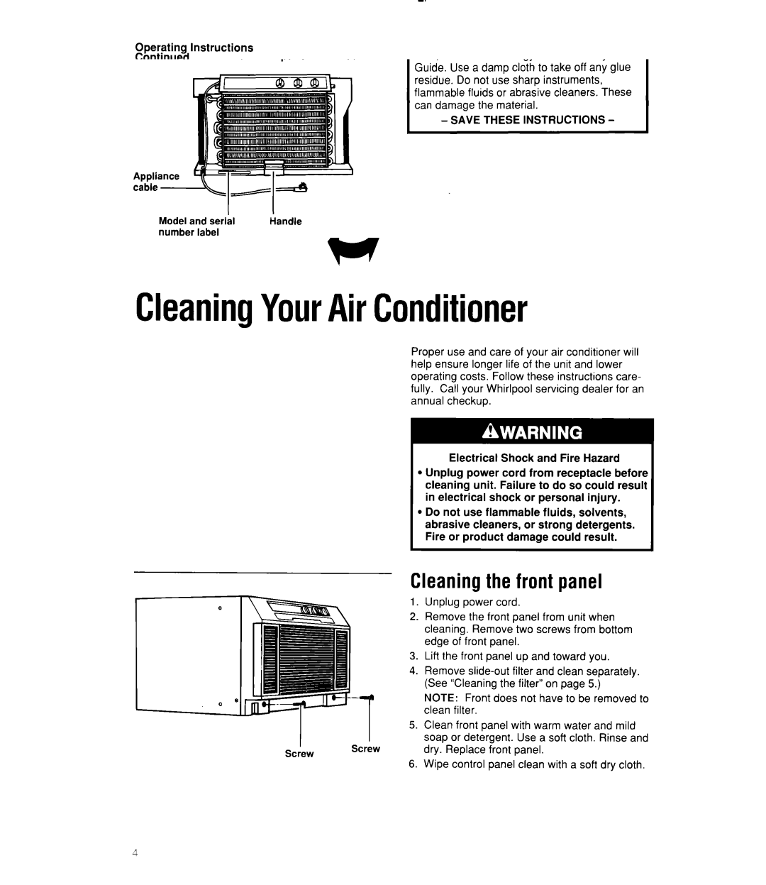 Whirlpool ACU102, ACQ102, ACQ122, ACQ082, ACU124 CleaningYourAirConditioner, Changing air direction, Cleaning the front panel 