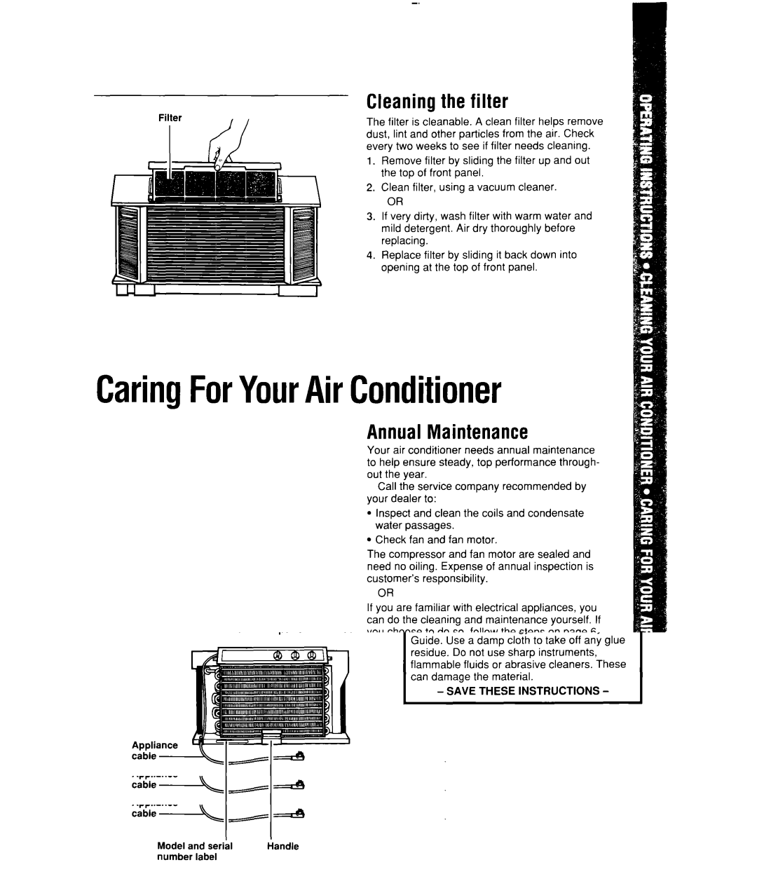 Whirlpool ACU082, ACQ102, ACQ122, ACQ082, ACU124, ACU102 CaringForYourAirConditioner, Cleaning the filter, Annual Maintenance 